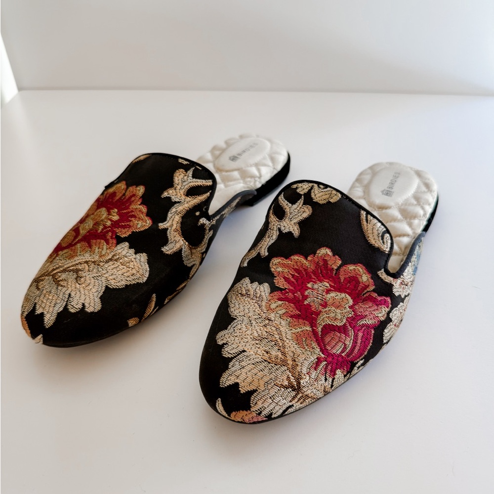 Birdies Black and Gold Floral Mules